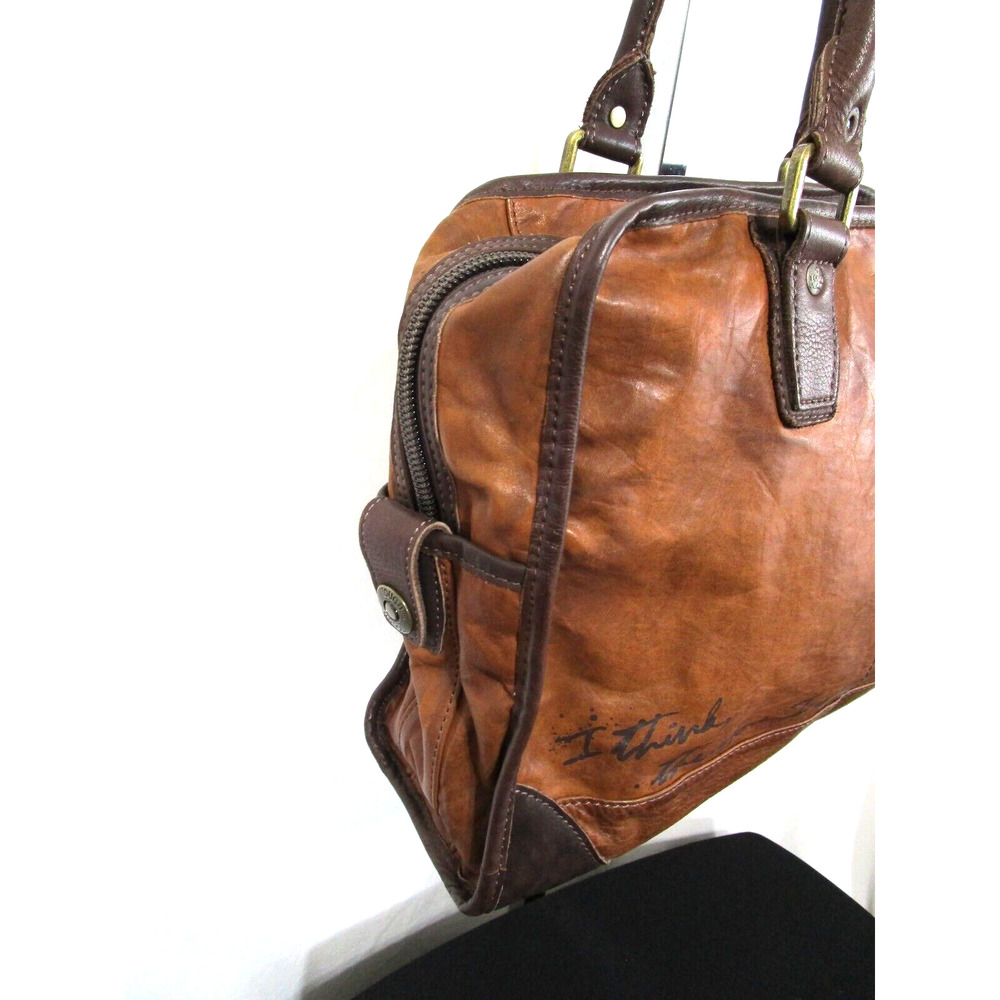Tough Jeansmith I Think Therefor I Am Large Brown Leather Shoulder Satchel Purse - Picture 5 of 13